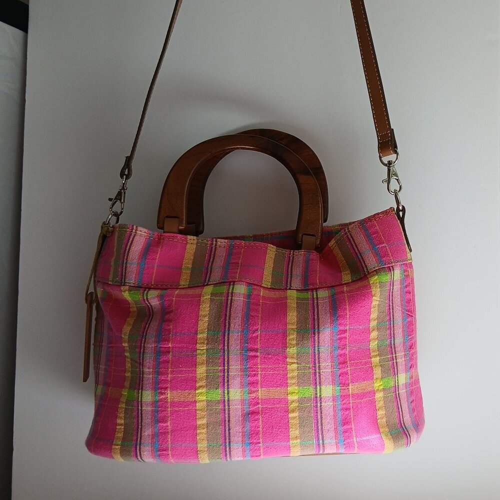 Seersucker & Hemp Plaids & Stripes Wood Satchel Handle & Removable Strap NWOT